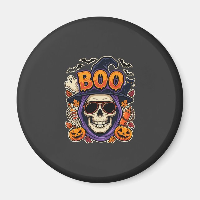 Imã Vector de Óculos de Sol Crânio Boo do Halloween (Frente)