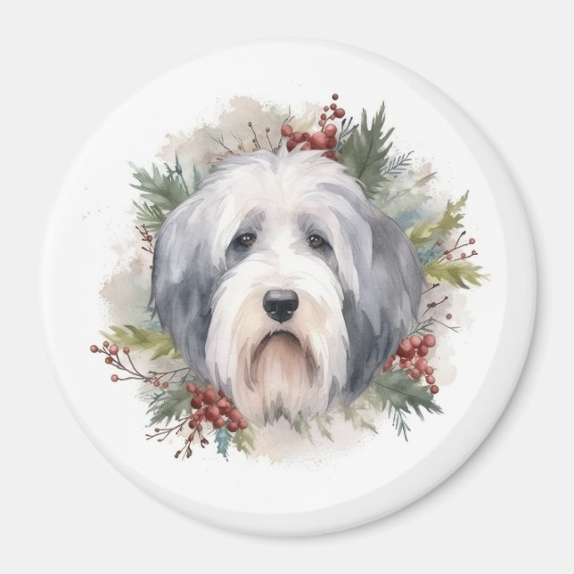 Imã Velha Inglês Sheepdog Christmas Wreath Festivo Pup (Frente)
