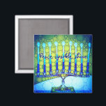 Imã Verde Azul Chanucá Menorah Brilhante da Paz<br><div class="desc">"Paz, brilho." Uma fotografia de perto de uma menorah brilhante, colorida, azul e verde artística ajuda-o a lançar no feriado de Hanukkah no estilo. Sinta o calor e a alegria da temporada de férias sempre que você usa este brilhante e colorido ímã Chanucá. Cartões de correspondência, postagens, adesivos, travesseiros, utensílios...</div>