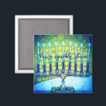 Imã Verde Azul Chanucá Menorah Brilhante da Paz<br><div class="desc">"Paz, brilho." Uma fotografia de perto de uma menorah brilhante, colorida, azul e verde artística ajuda-o a lançar no feriado de Hanukkah no estilo. Sinta o calor e a alegria da temporada de férias sempre que você usa este brilhante e colorido ímã Chanucá. Cartões de correspondência, postagens, adesivos, travesseiros, utensílios...</div>