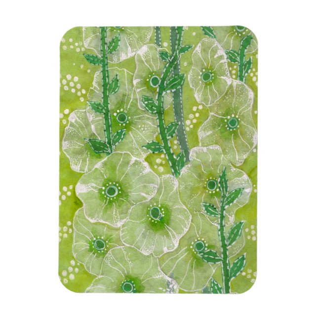 Ímã Verde de Pintura Floral de Flor Hollyhock Mallow (Vertical)