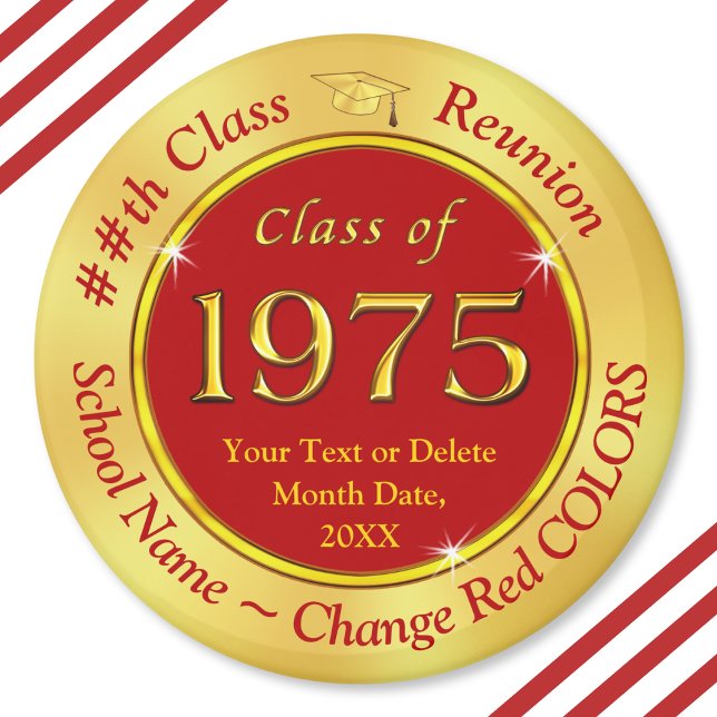Imã Vermelho e Dourado, Classe 75, Classe Favoritos de (Cheap, class of 197 reunion gifts.  50th high school souvenirs. Red Gold, Class of 75 reunion. 1975)