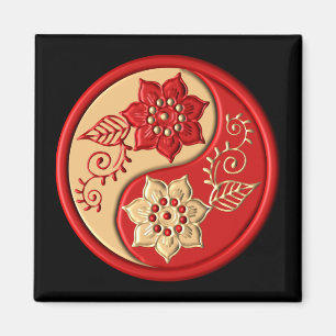 Imã Vermelho e Dourado Floral Yin Yang