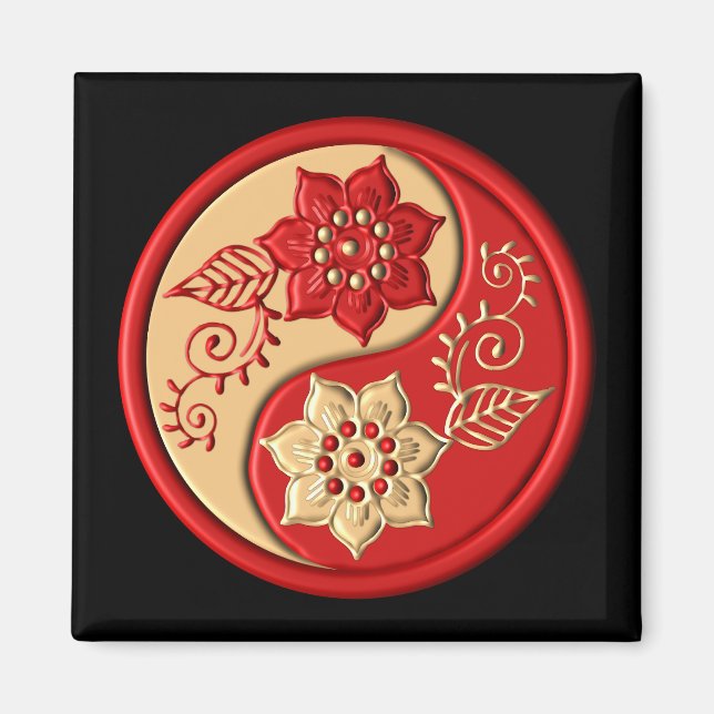 Imã Vermelho e Dourado Floral Yin Yang (Frente)