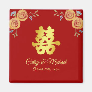 Imã Vermelho laranja floral casamento chinês dupla fel