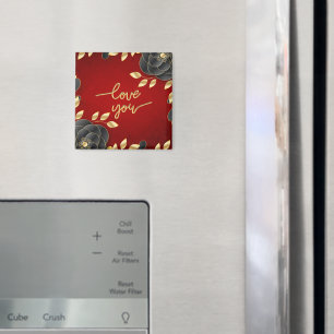 Imã Vermelho Luxúrico com Borda Floral Preta e Dourada