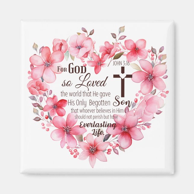 Imã Versículo da Bíblia do Coração Floral João 3:16 (Frente)