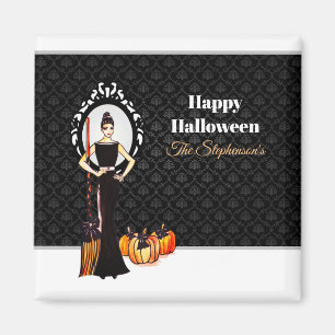 Imã Vestido Preto Longo Elegante Clássico de Halloween
