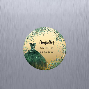 Imã Vestido verde esmeralda dourado para Sweet 16