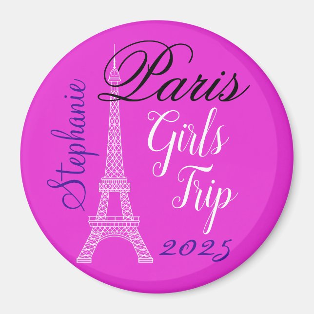 Imã Viagem de Meninas em Torre Eiffel Paris Rosa Chic (Frente)