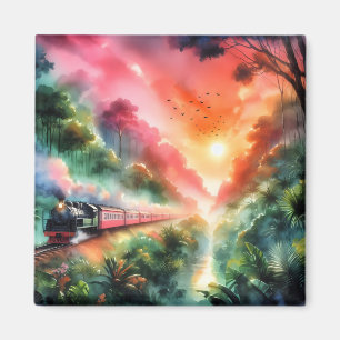 Imã Viagem de Trem Pôr do Sol Tropical em Aquarela