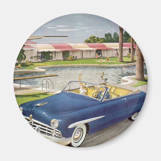 Imã Viagem de verão antiga, carro conversível e motel (Frente)