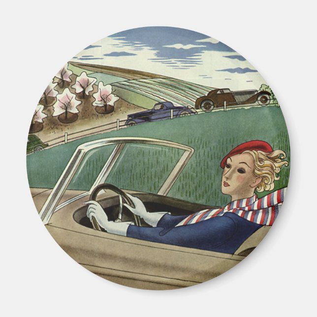 Imã Viagens vintage, Mulher Elegante no Carro Convertí (Frente)