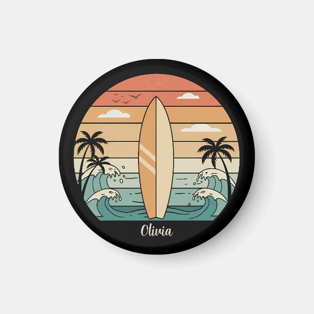 Imã Vibrações de Surf Retrô - Prancha de Surf e Ondas (Frente)
