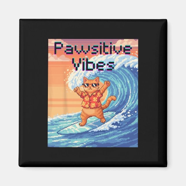 Imã Vibrações Pawsitivas Gato Surfando - Onda de Pixel (Frente)