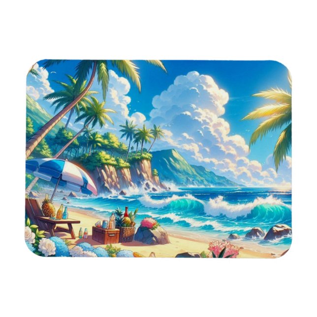 Ímã Vibrant Tropical Island Beach Watercolor (Horizontal)