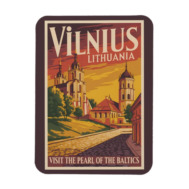 Ímã Vilnius Lithuania Illustration Travel Art Vintage (Vertical)