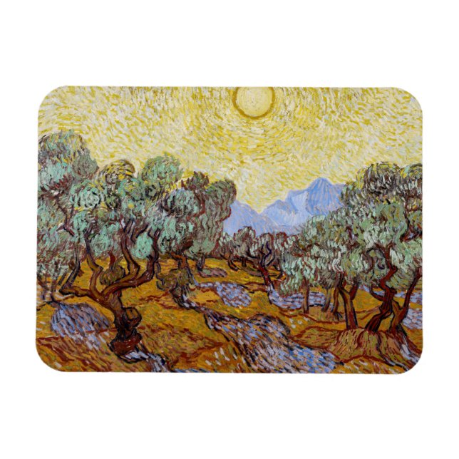 Ímã Vincent van Gogh - Oliveiras, céu amarelo e sol (Horizontal)