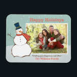 Ímã Vintage Aqua Winter Snowman Foto de feriados feliz<br><div class="desc">O design de fotos da paisagem "Feliz Feriados" mostra uma cena de inverno nevado com flocos de neve caindo e um feliz boneco de neve vestido com um chapéu e cachecol. Personalize com sua foto e saudação personalizada. Design de cor azul/verde, laranja/vermelha e branca com marinho azul e acentos castanho....</div>