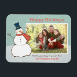 Ímã Vintage Aqua Winter Snowman Foto de feriados feliz<br><div class="desc">O design de fotos da paisagem "Feliz Feriados" mostra uma cena de inverno nevado com flocos de neve caindo e um feliz boneco de neve vestido com um chapéu e cachecol. Personalize com sua foto e saudação personalizada. Design de cor azul/verde, laranja/vermelha e branca com marinho azul e acentos castanho....</div>