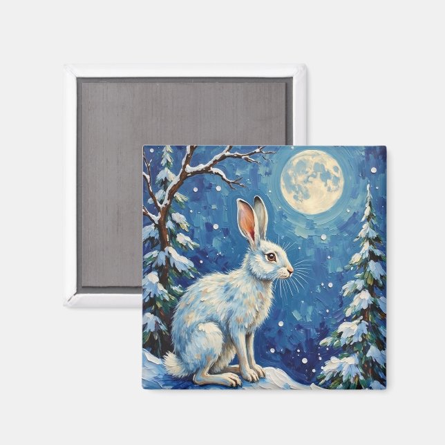 Imã Vintage Arctic Hare in Winter Moonlight Christmas  (Front/Back)
