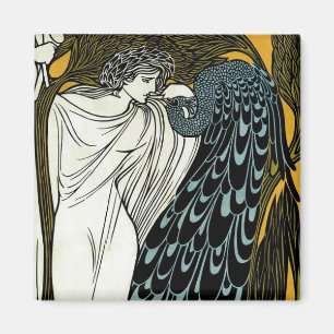Imã Vintage Art Nouveau Este Beijo, Mulher com Pavão