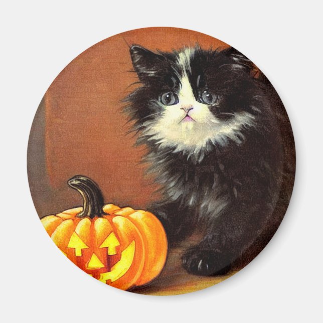 Imã Vintage Black and White Halloween Kitten (Frente)