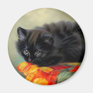 Imã Vintage Black Kitten com Red Flower Blanket