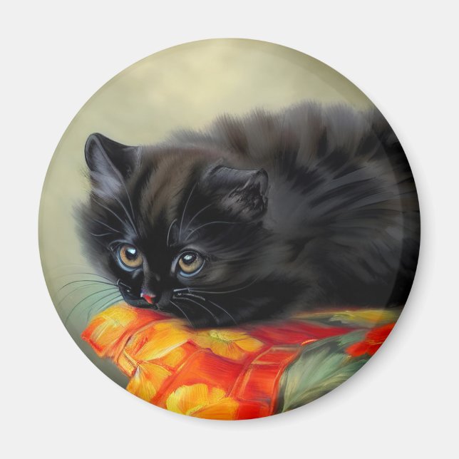 Imã Vintage Black Kitten com Red Flower Blanket (Frente)