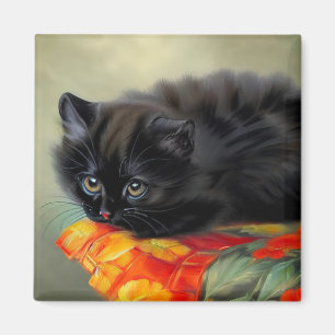Imã Vintage Black Kitten com Red Flower Blanket