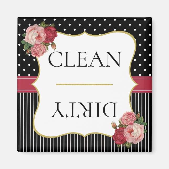 Imã Vintage Black Strits Dots Red Floral Dishwasher (Frente)