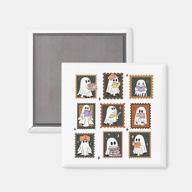 Imã Vintage Bookworm Ghosts Stamps Halloween (Front/Back)