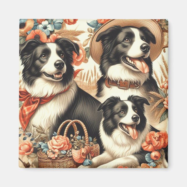 Imã Vintage Border Collie Painting (Frente)
