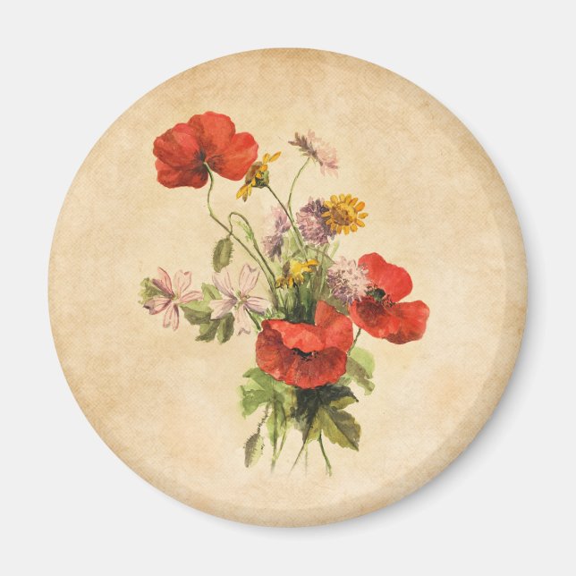 Imã Vintage Buquê Rustic Red Poppies Wild Flowers (Frente)