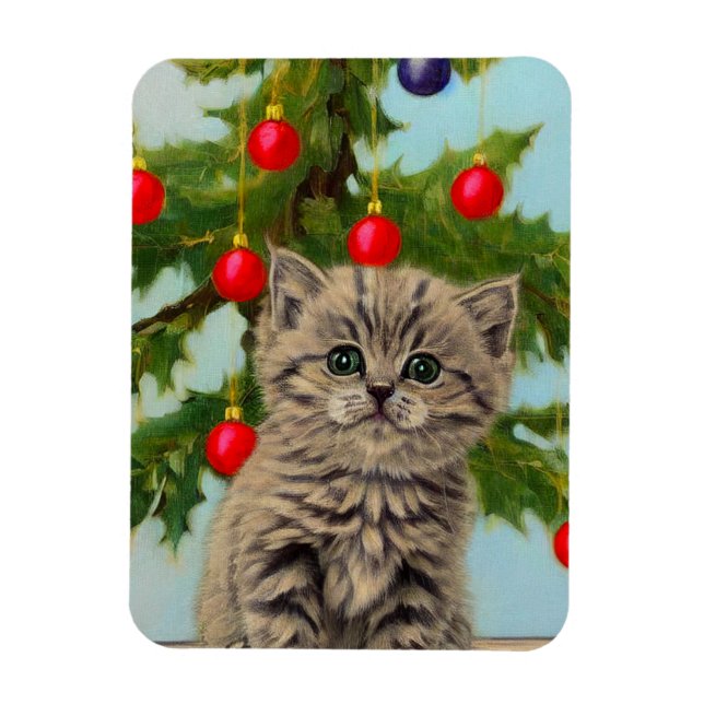 Ímã Vintage Cat e Árvore de Natal (Vertical)