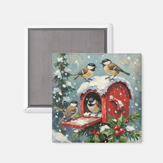 Imã Vintage Chickadees on Snowy Christmas Mailbox (Front/Back)
