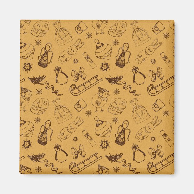 Imã vintage christmas animals and bird hand drawn (Frente)