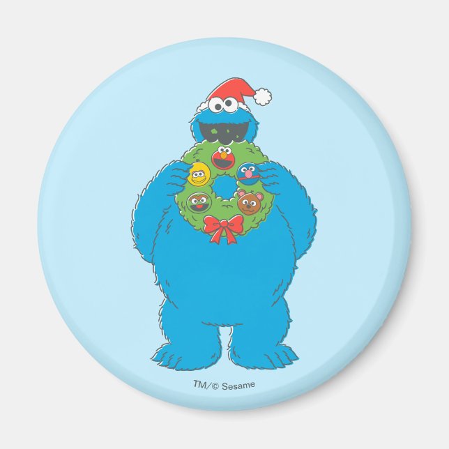 Imã Vintage Cookie Monster Wreath de Natal (Frente)