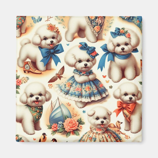 Imã Vintage Cute Bichon Frisé Painting (Frente)