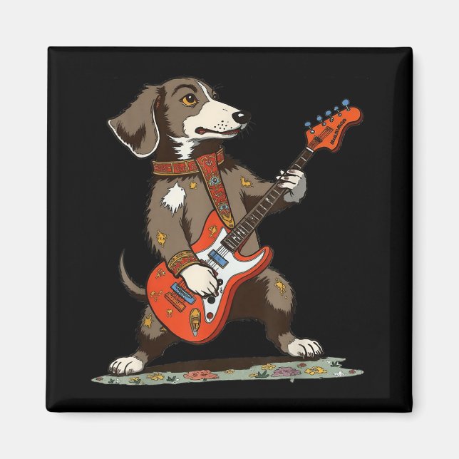 Imã Vintage Dachshund Weenie Jogando Violão Engraçado (Frente)