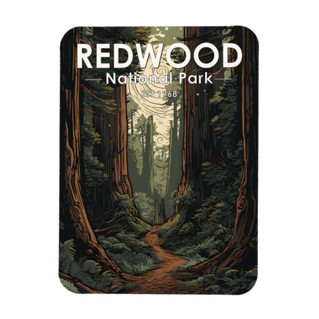 Ímã Vintage de Ilustração do Parque Nacional Redwood (Vertical)