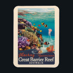 Ímã Vintage de Viagem de barreira de recife do Excelen<br><div class="desc">Design de viagem de vetor retrorreflector de Mackay. Mackay é uma cidade em Queensland,  na costa leste da Austrália. Ao largo da costa está uma seção do Recife da Barreira do Excelente.</div>