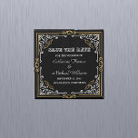Imã Vintage Deco Art Elegant Black White Gold Wedding<br><div class="desc">This design style draws inspiration from the Art Deco movement of the 1920s and 1930s, characterized by geometric shapes, gold accents, black and white shapes, and elegant fonts. A black and white wedding theme is a classic and timeless choice. It combines elegance and simplicity, creating a sophisticated atmosphere. The contrast...</div>