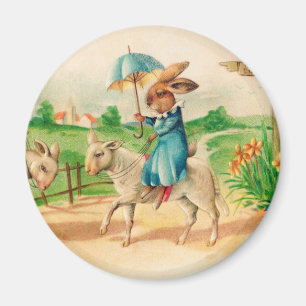 Imã Vintage Easter Bunny Rabbit Riding saudações
