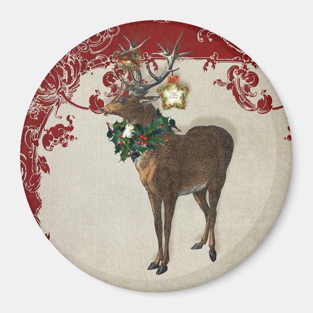 Imã Vintage Elegance Christmas Deer Antlers Damask (Frente)