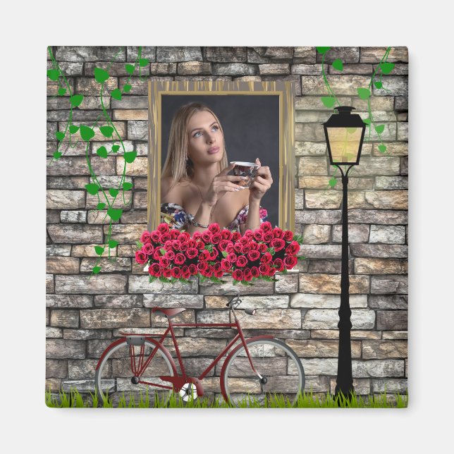 Imã Vintage Fairytale Bicycle Rosa Girly Photo Frame (Frente)
