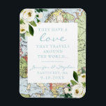 Ímã Vintage Floral Map Love Viagens Data de Casamento<br><div class="desc">Carinhoso mapa de safras azul e verde com flores brancas e uma citação romântica de "viagem do Mundo" em uma imã de geladeira que funciona como tema de casamento de destino ou viagem, salve a data ou o favor do casamento, perfeito para um casal que viajou o mundo juntos para...</div>