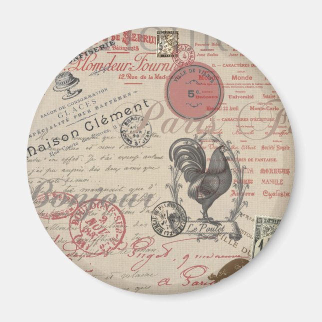 Imã Vintage French Escrevendo Tipografia Paris Rooster (Frente)