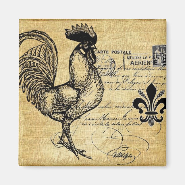 Imã Vintage French Rooster On Burlap (Frente)