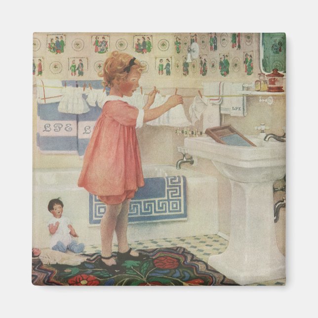 Imã Vintage Girl, Criança Fazendo Roupas De Banheira (Frente)